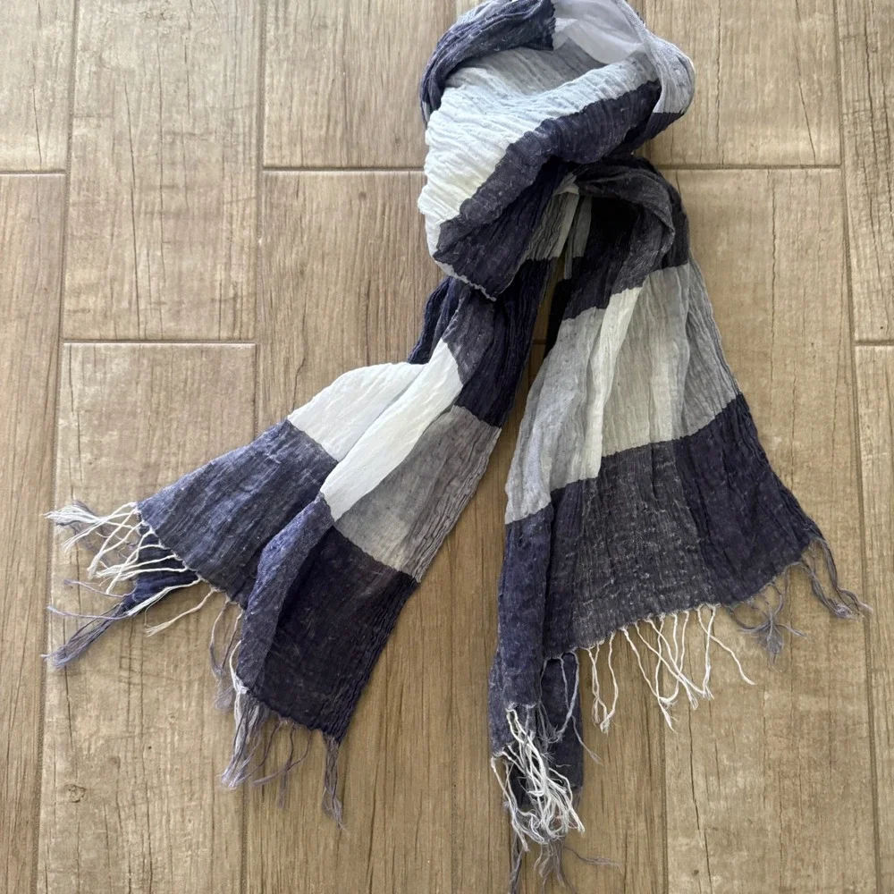 Eileen Fisher Linen Organic Cotton Striped Scarf Navy Blue White Fringed Gauze